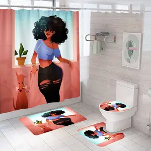 Afrika siyah kadın baskı duş perde seti kaymaz banyo Mat kilim lüks amerikan kız Polyester makine yıkama banyo dekor
