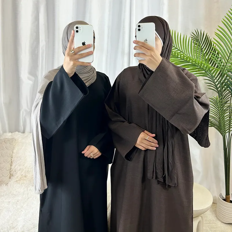 Eid Custom Linnen Zomer Abaya Lage Moq Ademende Dubai Linnen Gesloten Abaya Vrouwen Moslim Jurk