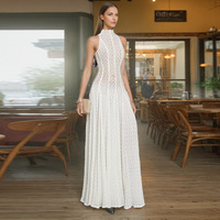 Robe longue décontractée élégante pour femmes WIWT, sans manches, col haut, dentelle, coupe trapèze, pour tous les jours, les soirées et les occasions spéciales.