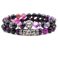 Ensemble de bracelets en pierre d'agate violette naturelle de 8 mm, chaîne en argent, tête de lion, hibou, Bouddha, perles, bracelet pour homme, matériau en corde, ensembles de bijoux