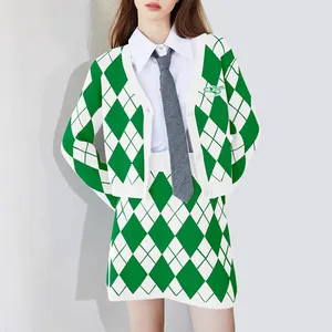 Odm Custom Casual Women Plaid Sweater 2 Piece Set Long-Sleeved Cardigan Short Skirt Sweater Suit