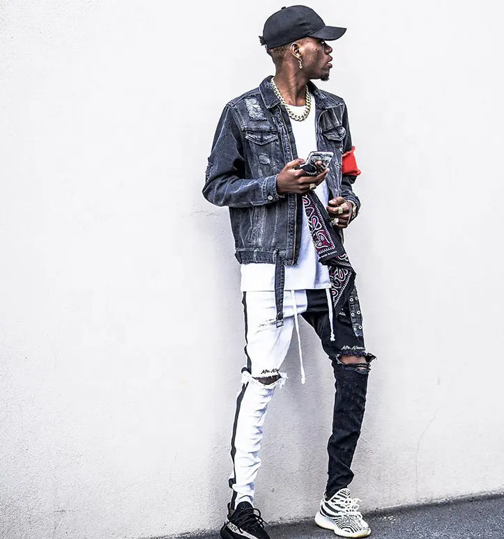 Mode zweifarbige Slim Fit Distressed Hip Hop Hose High Street Stretch Skinny zerrissene Custom Denim Jeans für Männer