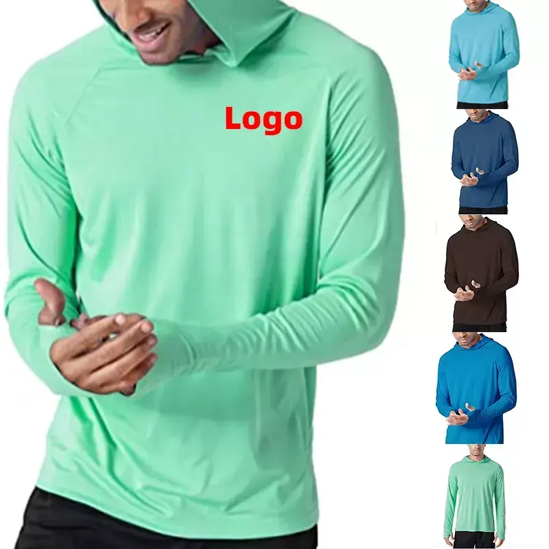 Alta qualidade logotipo personalizado 100% poliéster secagem rápida leve upf50 + desgaste de pesca dos homens em branco manga longa hoodie camisas