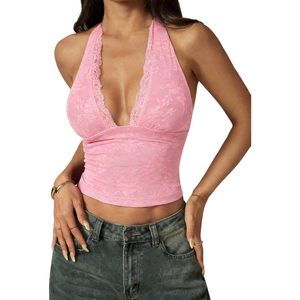 Women's Floral Lace Deep V Neck Halter Top Sleeveless Bodycon Club Dress Translucent Party Outfit - Product Image 1