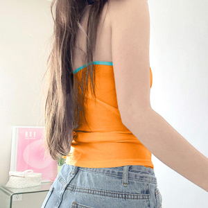 เสื้อกล้ามสายเดี่ยวประดับลูกปัดสีส้มสำหรับผู้หญิง คอลูกไม้ต่ำ คอกลม แต่งโบว์ ตัดสี เหมาะสำหรับวันหยุดพักผ่อนริมชายหาด - Product Image 6