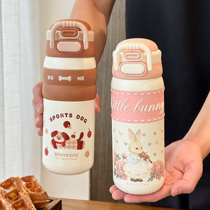 Gobelets isothermes portables de 490 ml en acier inoxydable 316 pour femmes, avec paille double, motif dessin animé, pour le sport, vente en gros - Product Image 4