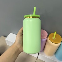 Gravure au laser vierge 16oz bouteille d'eau tasse à café en acier inoxydable enduit de poudre plaqué or canette de bière avec couvercle et paille pour