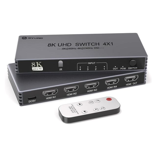 SYONG HDMI Switcher 4 in 1 Out -8K60Hz 4K240Hz/144Hz/120Hz HDMI Switch with Remote Support HDCP2.3/HDR10, for PS5/PS4 Xbox