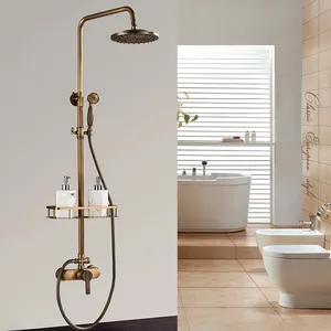 Toptan 3 yollu duş musluk bataryası-Antik stil pirinç duş seti duvara monte iki kolları 3 yollu bronz duş musluk musluk bataryası raf ile SF0268
