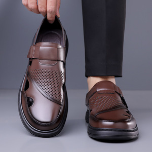 Men's Genuine Leather Solid Pattern Flat Sandals Open Toe <b>Hook</b> Loop Casual Summer Breathable Rubber Outsole Outdoor <b>Shoes</b> - Product Image 2