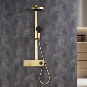 Ensemble de douche allemand gris bronze, en laiton massif, pour eau chaude/froide, avec pommeau de douche relevable et grand pommeau de douche finition or brossé - Product Image 2