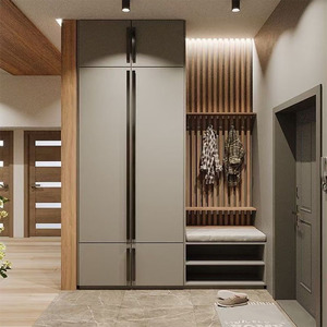 Meuble d'entrée mural minimaliste moderne, en contreplaqué multicouche, avec porte <span class=keywords><strong>gris</strong></span> mat et banc en bois intégré, pour rangement d'entrée - Product Image 1