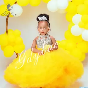 Vestidos de Cumpleaños Amarillos de Cuello Alto con Cuentas y Flores <span class=keywords><strong>para</strong></span> Niñas, Vestidos de Fiesta de Boda, Vestidos de Graduación <span class=keywords><strong>para</strong></span> Niñas, Vestidos de Comunión - Product Image 2