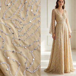 Tissu satiné texturé jaune <span class=keywords><strong>moutarde</strong></span> avec broderie de sequins argentés ondulés pour robe de soirée, robe de mariée, cheongsam - Product Image 1