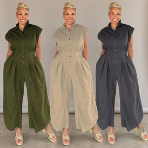 Women's Sleeveless High Waist Solid Color Oxford <b>Jumpsuit</b> Turn-down Collar Loose Fit Full Length Casual Spring Summer Wear - Product Image 4