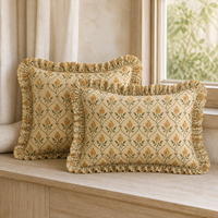 Housse de coussin beige en coton à imprimé floral avec bordure à volants, housses de coussin décoratives pour canapé et chambre à coucher