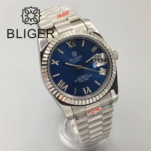 BLIGER 36mm/39mm <span class=keywords><strong>Montre</strong></span> Mécanique Homme avec Mouvement NH35 <span class=keywords><strong>Bracelet</strong></span> Président Lunette Cannelée Verre Saphir Bleu/Noir/Vert/Blanc - Product Image 4
