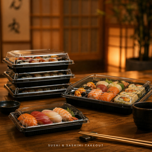 <span class=keywords><strong>Plateau</strong></span> à <span class=keywords><strong>sushi</strong></span> jetable en PET noir de différentes tailles, personnalisé en usine, avec couvercle anti-buée, conteneur à <span class=keywords><strong>sushi</strong></span> japonais - Product Image 6