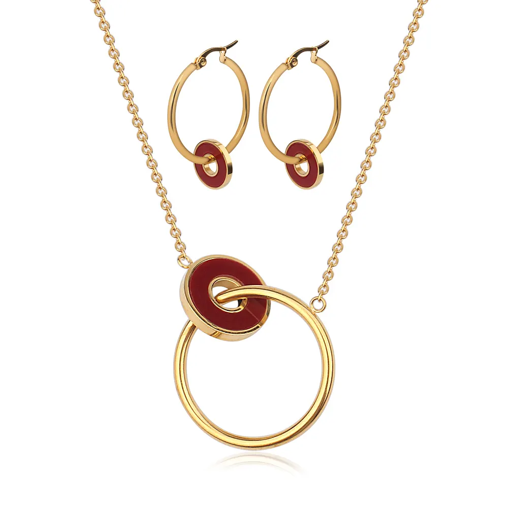 316L Stainless Steel 18K Gold Plated Red Enamel Double Locked Circle Jewelry Set for Woman Jewellery