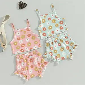 1Pcs Private Label Floral Cotton Outfit Summer Newborn Infant Toddler Clothing Sleeveless Top Bloomer Baby Girls Clothes Set