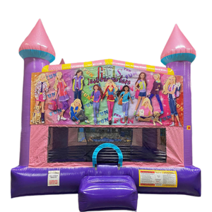 KIDDOHOP Buntes Aufblasbares Schloss Lila Basis Rosa Türme Cartoon Mädchen 'Nur Spaß Machen' Text PVC-Material Einfacher Aufbau 10-Personen - Product Image 1