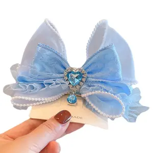 Lace Blue Princess hair Bows Fairy Feather hair clips Love Diamond Pair Clip Children's Hair Accessories