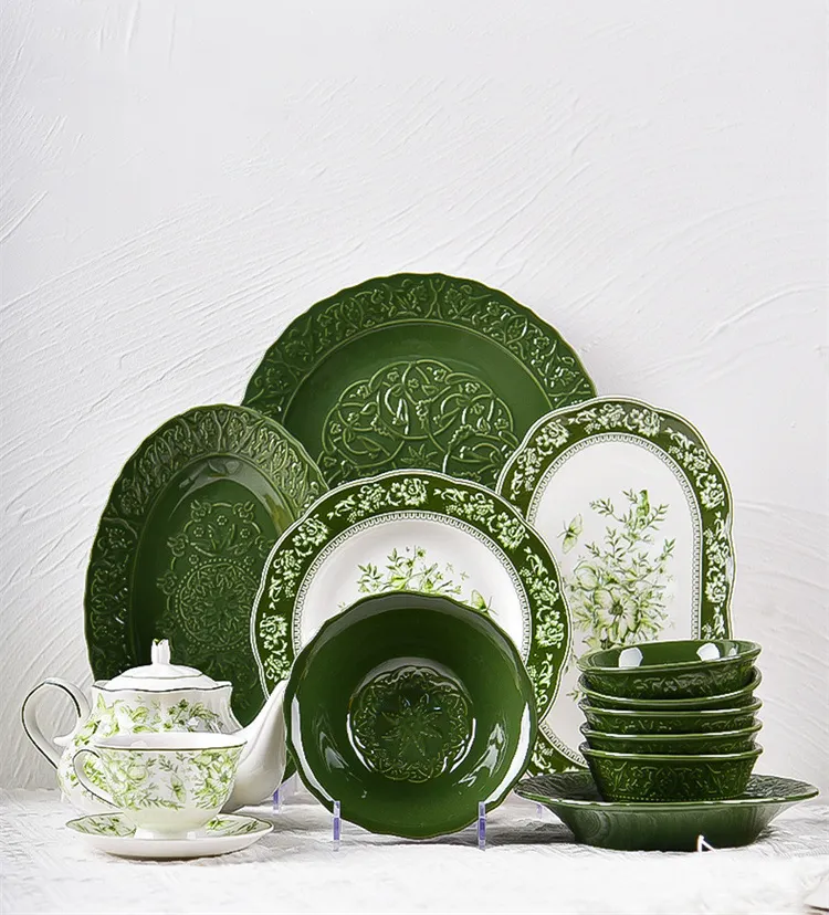 French Retro Dark Green Ceramic Tableware Bowls And Plates Light Luxury Style Creative Tableware Plate Sets