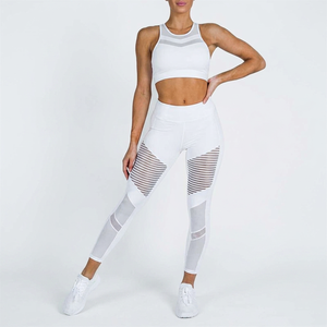 Women's White 2-Piece Workout Set Racerback Sports Bra <b>Mesh</b> Leggings Yoga Activewear Breathable Seamless Fit - Product Image 4
