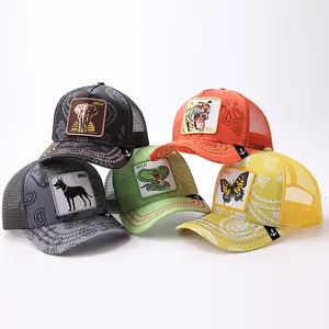 Gorras de camionero con parche bordado de animales personalizados, gorras de camionero deportivas de malla de 5 paneles para exteriores