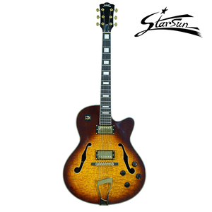 <span class=keywords><strong>Guitarra</strong></span> Eléctrica de Jazz Starsun X150 de Alta Calidad, 6 <span class=keywords><strong>Cuerdas</strong></span>, Tapa de Fresno Piebald, Cuerpo Semi-Hueco, Mástil de Okoume Pulido, <span class=keywords><strong>Guitarra</strong></span> Personalizada al por Mayor - Product Image 1