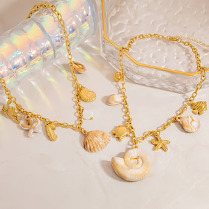 Collier en acier inoxydable avec pendentif coquillage doré, style resort océanique, chaîne de clavicule couleur or 18 carats, bijoux pour femmes - Product Image 2