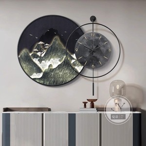 Orologio da Parete in Porcellana Cristallina Stile Cinese con Paesaggio, per Sala da Pranzo e Soggiorno, con Supporto in Legno - Product Image 2