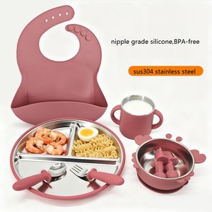 Ensemble repas pour tout-petits en acier inoxydable sécurisé, 8 pièces, comprenant des assiettes divisées, des bols, un bavoir à poches et une tasse - Product Image 2
