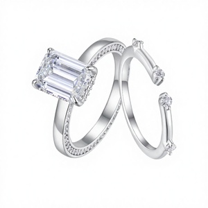 Chic <b>Emerald</b> Cut Moissanite Two Band Crossover <b>Ring</b> S925 <b>Silver</b> Gold Plated Dainty Stackable Open Cuff Engagement Promise - Product Image 3