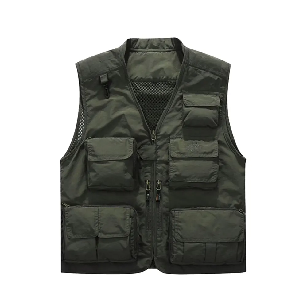 mens green multi pockets sleeveless jacket lightweight polyester and mesh lined puff work vest