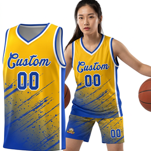 Ensemble de maillots de basket-ball personnalisés, jaune et bleu dégradé, impression sublimée, polyester respirant, débardeur et short uniformes - Product Image 4