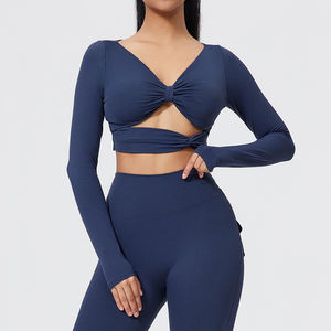 ベストセラー レディース 高品質 軽量 クロップトップ シームレス 長袖 ワークアウト ヨガブラトップ フィットネス活動用 新商品 - Product Image 5