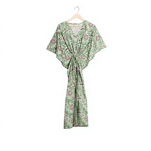 100% Cotton Women Long <b>Kaftan</b> Midi V-neck Ruffles Sexy Elegant Floral Print Short Sleeve Soft Cotton Natural Waist Daily Use - Product Image 1