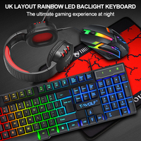 Clavier filaire T-WOLF TF800 104 touches, kit de jeu 4 en 1 avec clavier, souris, casque et tapis, combos de clavier filaire pour joueurs de bureau