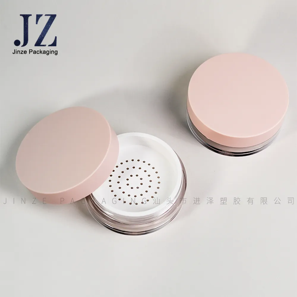 Jinze空の丸い形のルースパウダージャーピンクファンデーションパウダーケースふるいプラスチック化粧品パッケージ
