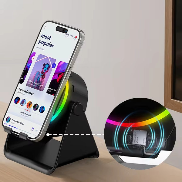 Innovative RGB LED Lighting Magic Round Shape Portable Induction Speaker with Phone Holder Consumer Electronic Products