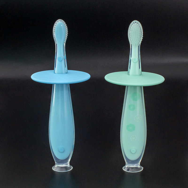 OEM Color Protecting Block Avoid Swallowing Blue Handle Standing Suction Baby Silicone Toothbrush
