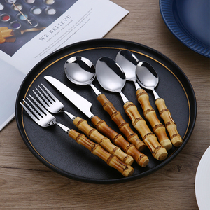 Ensemble de <span class=keywords><strong>couverts</strong></span> en bambou naturel 100% véritable, style vintage unique, poli miroir <span class=keywords><strong>argenté</strong></span> en acier inoxydable, retour à l'école - Product Image 2