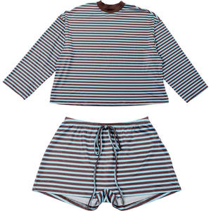 YY6041 Set pakaian panjang 2 potong untuk wanita, atasan Crop lengan panjang dan celana pendek modis motif garis-garis, Set 2 potong longgar kasual - Product Image 4