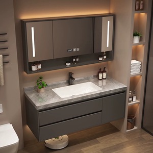 Ensemble de meuble-lavabo de salle de bain de style américain moderne et luxueux préfabriqué avec miroir intelligent, finition laquée, construction en MDF, montage mural - Product Image 1