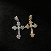 Pendentif Croix Vintage Princesse 43.4x23.8mm en Argent 925 Moissanite VVS Sertie de Pierres, Deux Couleurs Or et Argent, Thème Religieux