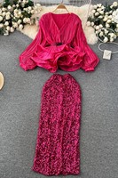 Ensemble élégant pour femme : haut à volants à col en V et manches longues, jupe midi à sequins taille haute, idéal pour les soirées