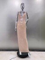 Nouvelle robe moulante sexy à découpes et col halter en polyester brillant effet diamant, tenue de scène tendance pour adultes
