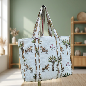 Bolso Tote Acolchado para Otoño/Invierno, Color Sólido, Cierre de Cremallera, Algodón, Estilo Bohemio para Mujer, Estampado Floral/Animal, Diseño Espacioso - Product Image 3