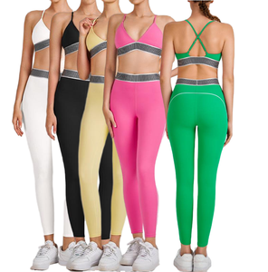 Women's 2 Piece Yoga Set <b>High</b> Waist Leggings Crop Top Solid Color Seamless Stretch Sportwear With Side Stripe Crisscross Back - Product Image 1